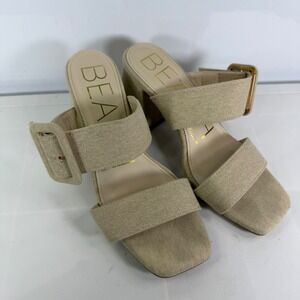 BEACH by Matisse Women's Beige Tan Canvas‎ Block Heel Slide Sandals Buckle Sz M